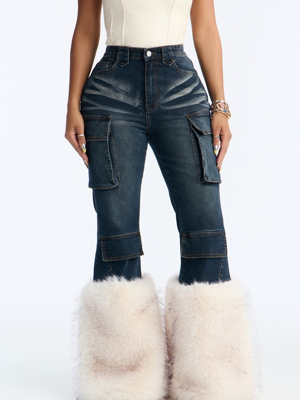Fashion Nova Faux Fur Trim Cargo Flare Jeans NWT - Picture 2 of 4